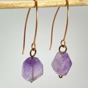 Rose Gold Tone Purple Amethyst Beaded Dangle Earrings Hook Setting Boho Cute
